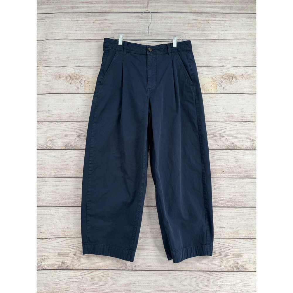 Everlane Pleated Chino Pants Womens 10 Navy Blue Organic Cotton Linen Wide Leg